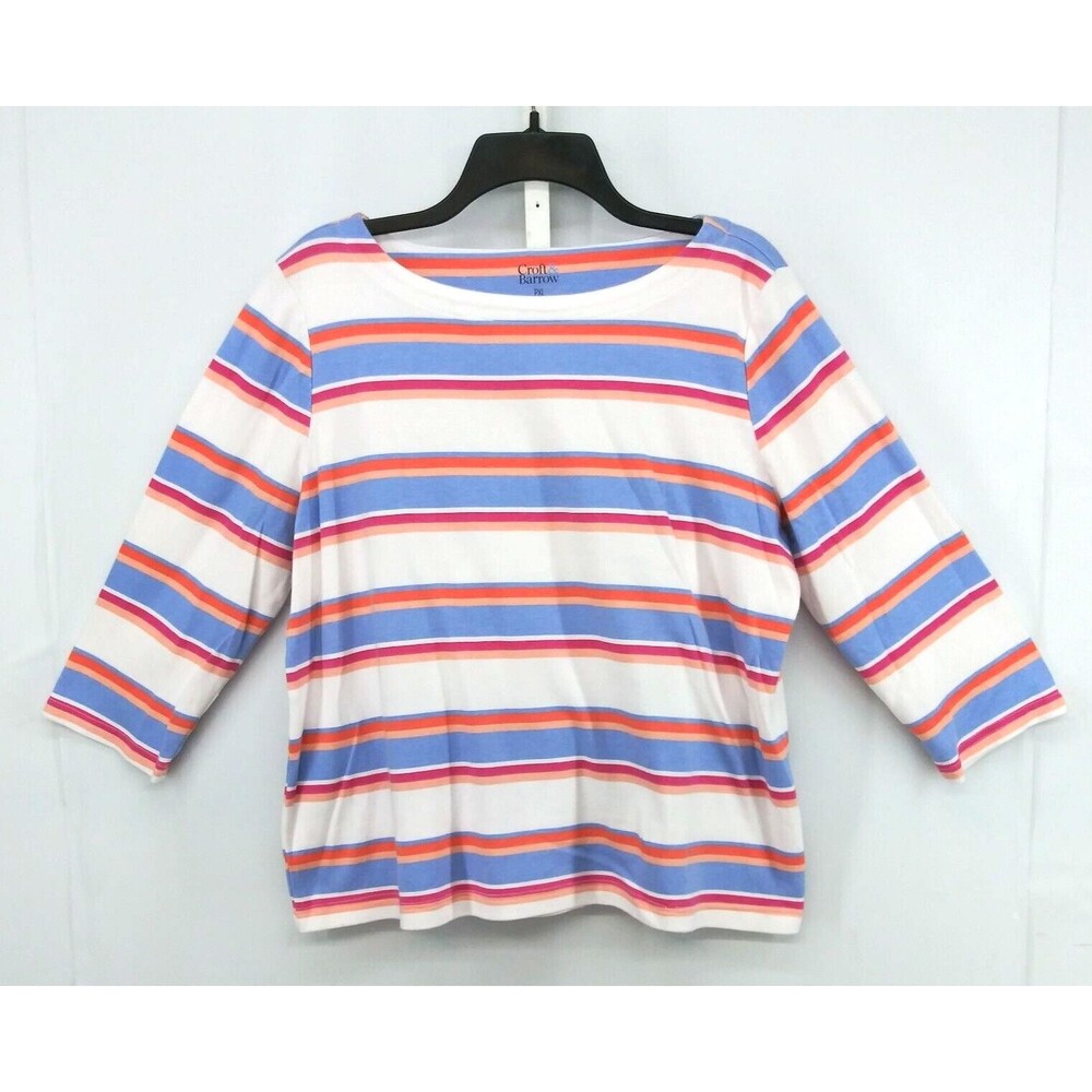 Croft & Barrow Shirt Women Size PXL Multicolor Striped 3/4 Sleeve Boat Neck Top